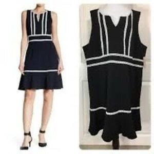 Nanette Lepore 6 Sleeveless Peplum Mini Dress Navy Blue White Lace Coastal Prep